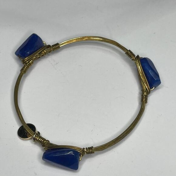 BOURBON & BOWETIES gold tone bracelet bangle faceted blue agate signed jewelry - Picture 5 of 9